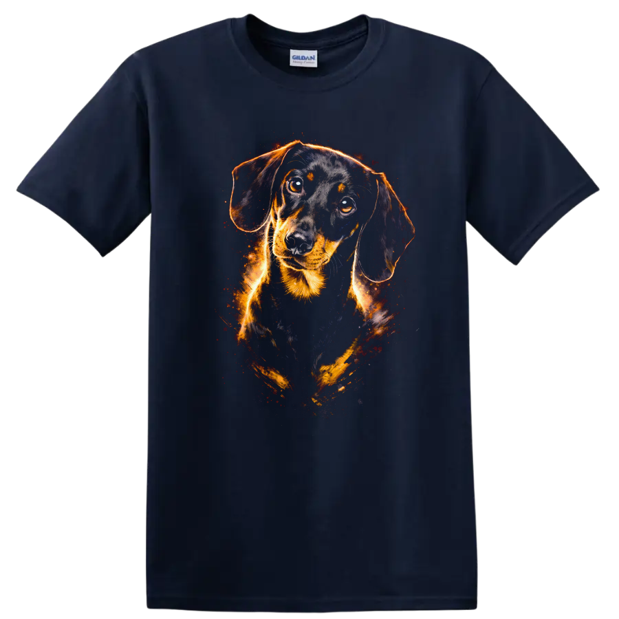 Dachshund Dog Portrait T Shirt Fiery Neon Art for Dog Lovers on a Navy (Blue) T Shirt