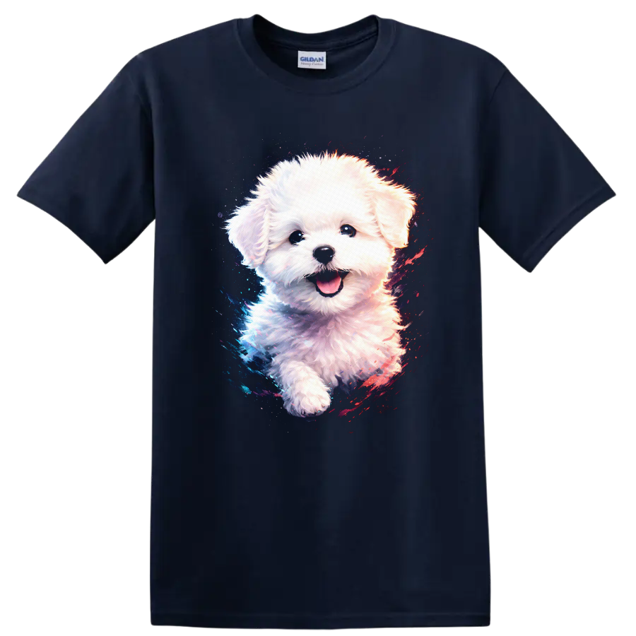 Cute White Puppy Dog Portrait T Shirt Colorful Neon Splash - Navy (Blue)