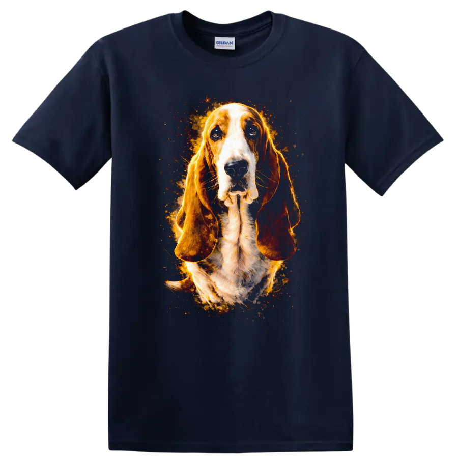 Basset Hound Dog Portrait Flame Art T Shirt for Dog Lovers on a Navy (Blue) T Shirt