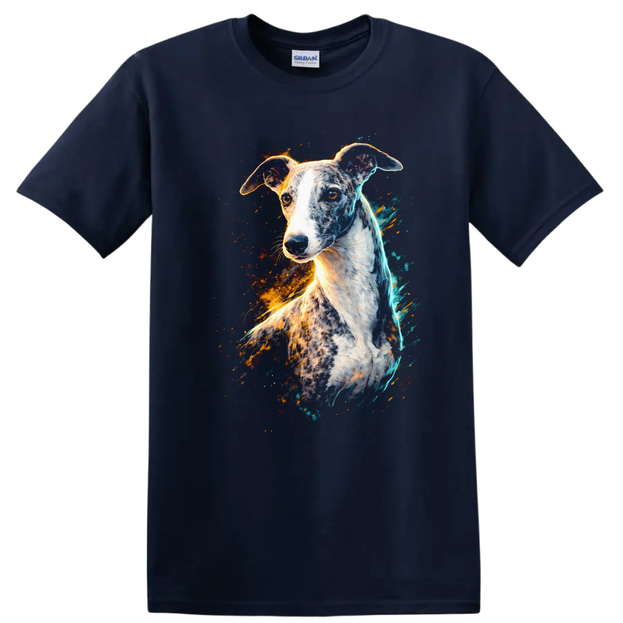 Greyhound Dog Splash Art T Shirt Colorful Neon Breed Portrait on a Navy (Blue) T Shirt