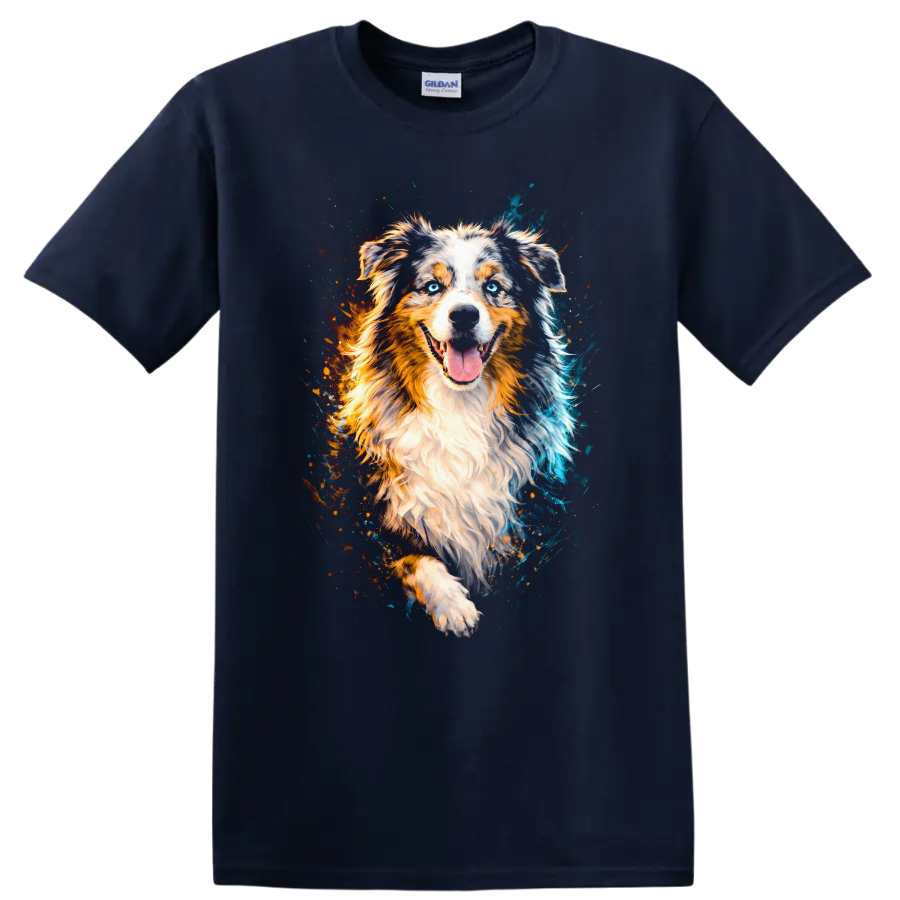 Australian Shepherd Dog Watercolor Portrait T Shirt for Dog Lovers on a Navy (Blue) T Shirt