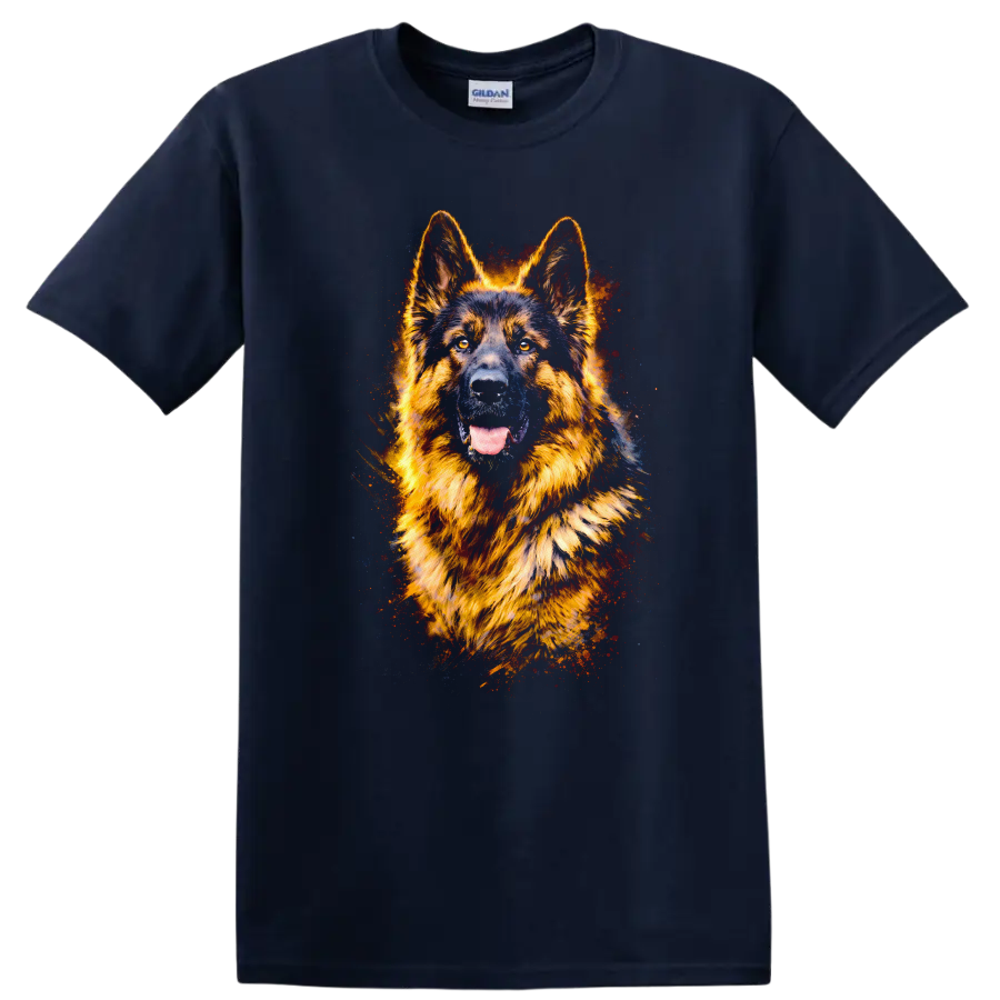 German Shepherd Neon Watercolor Dog Portrait T Shirt for Dog Lovers - Navy (Blue)
