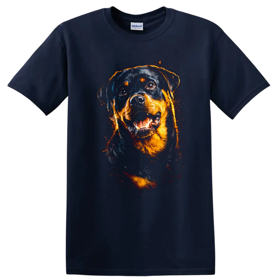 Rottweiler Dog Portrait T Shirt Fierce Fire Glow Pet Lover Graphic on a Navy (Blue) T Shirt