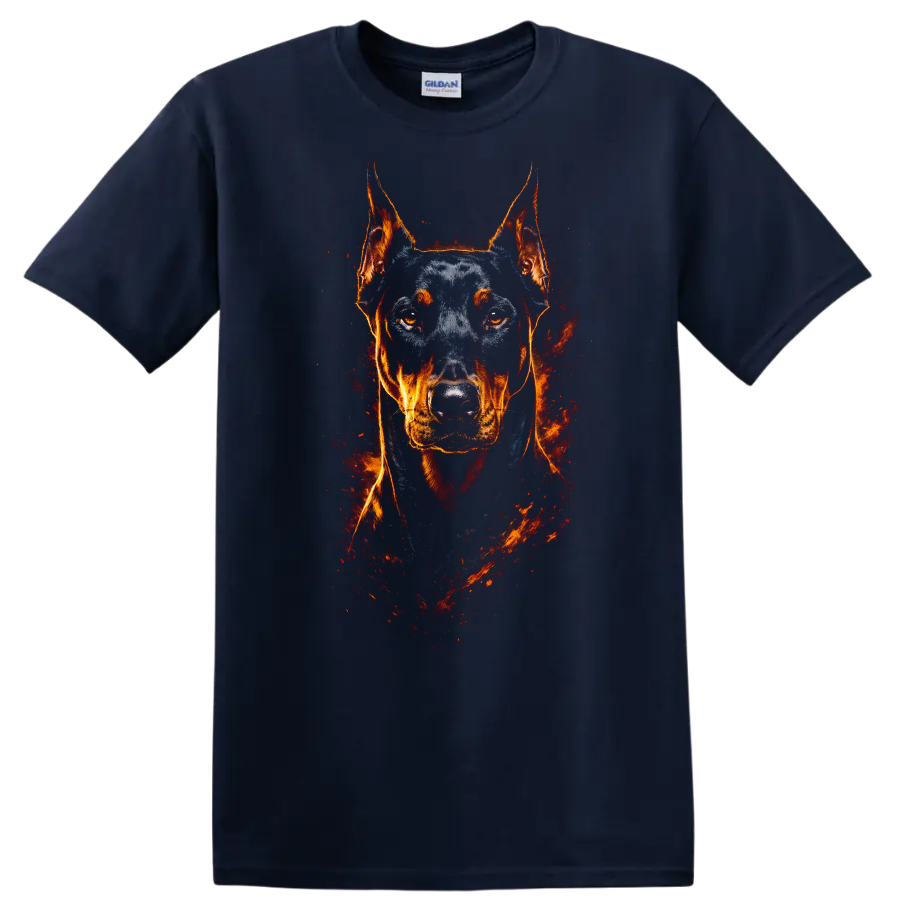 Doberman Pinscher Fire Portrait T Shirt Fierce Dog Lover Graphic on a Navy (Blue) T Shirt
