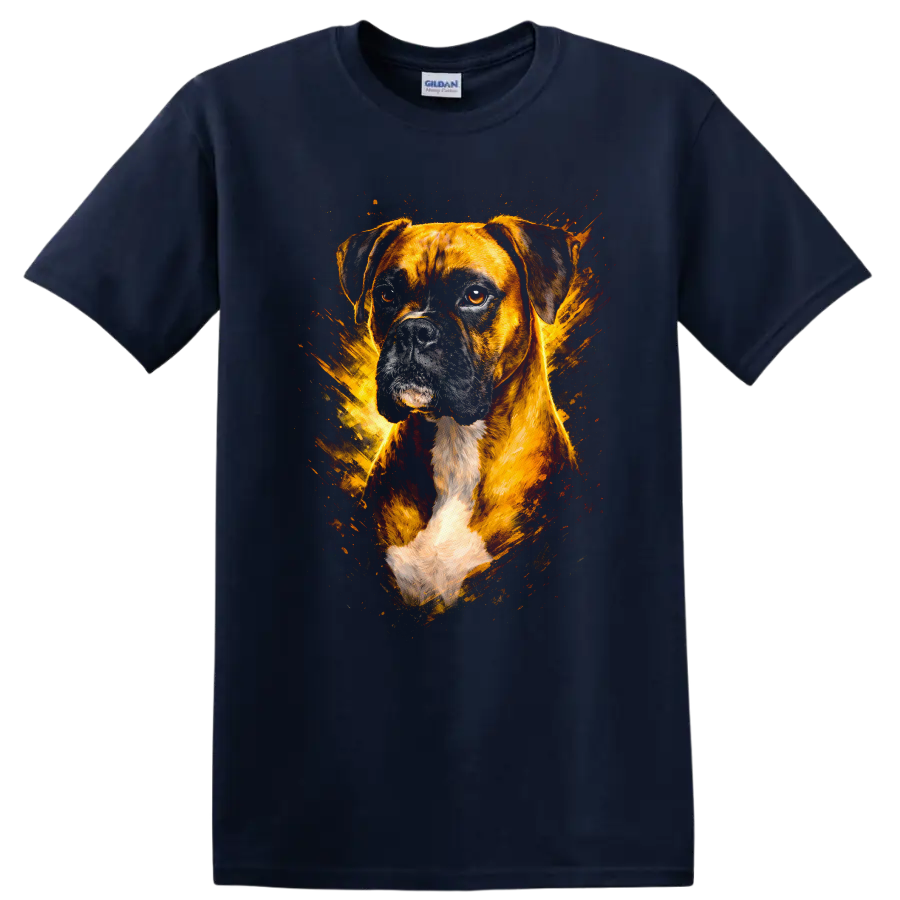 Boxer Dog Portrait Splash Art T Shirt for Dog Lovers on a Navy (Blue) T Shirt