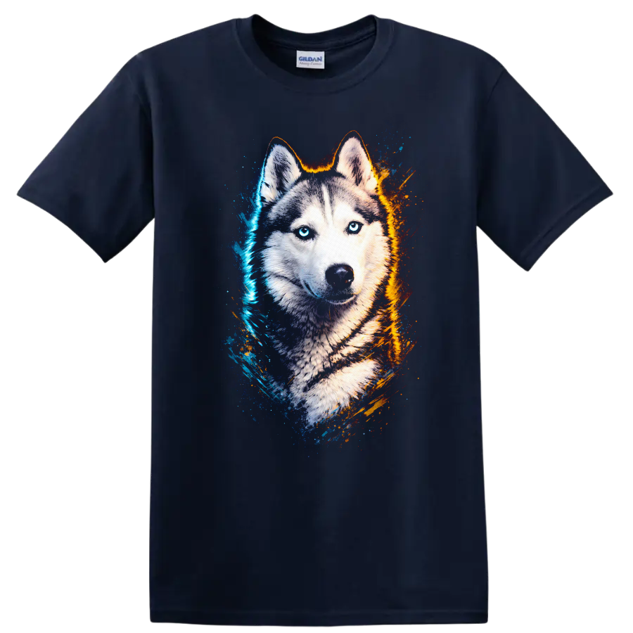 Blue Eyed Husky Portrait T Shirt Vibrant Splash Art Dog Lover Gift on a Navy (Blue) T Shirt