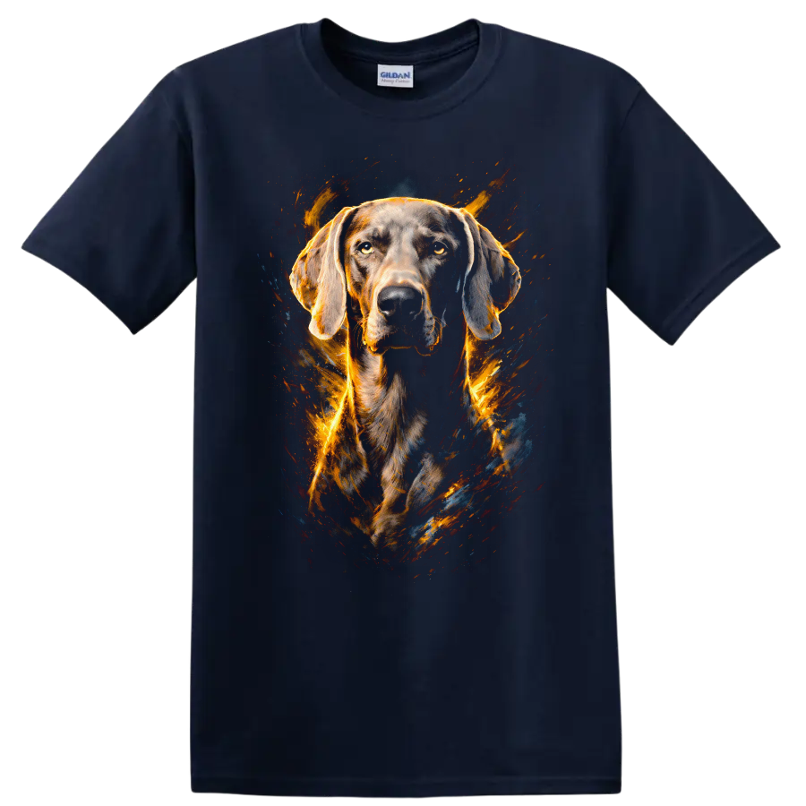 Flame Art Weimaraner Dog Portrait Unisex T Shirt for Dog Lovers on a Navy (Blue) T Shirt