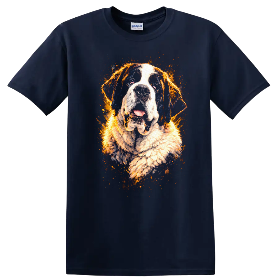 Saint Bernard Splash Art Dog Portrait T Shirt for Breed Lovers on a Navy (Blue) T Shirt