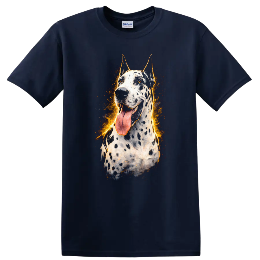 Flaming Dalmatian Dog Portrait Fire Burst T Shirt for Dog Lovers on a Navy (Blue) T Shirt