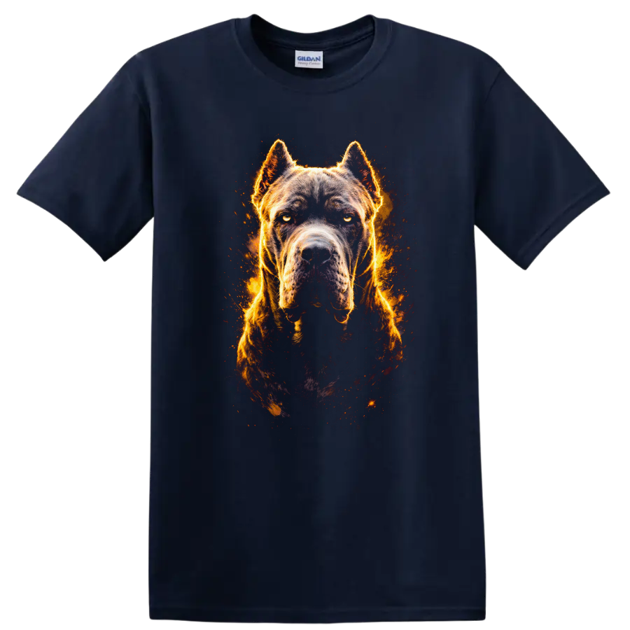 Aggressive Pitbull Dog Fire Glow Graphic T Shirt on a Navy (Blue) T Shirt