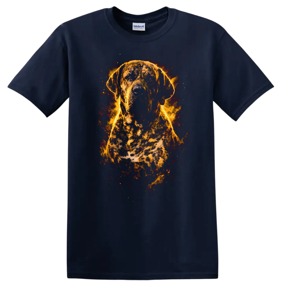 Brindle Dog Flame Portrait T Shirt for Dog Lovers Fiery Art Design on a Navy (Blue) T Shirt