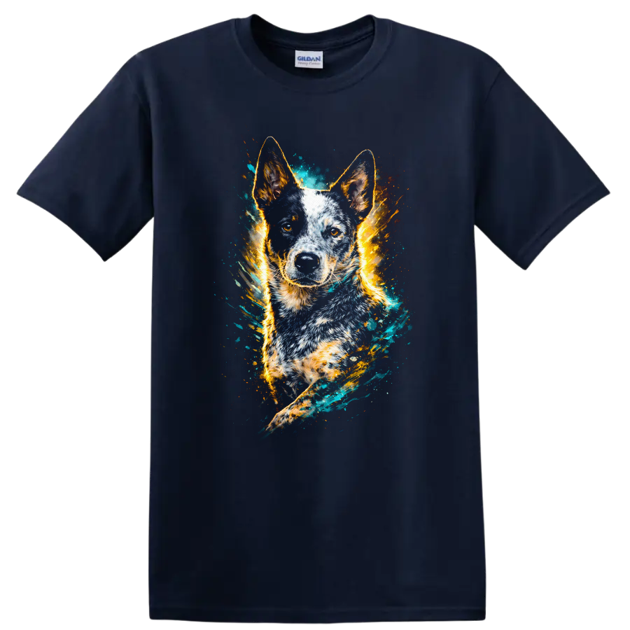 Blue Heeler Dog Portrait Watercolor Splash T Shirt for Dog Lovers on a Navy (Blue) T Shirt