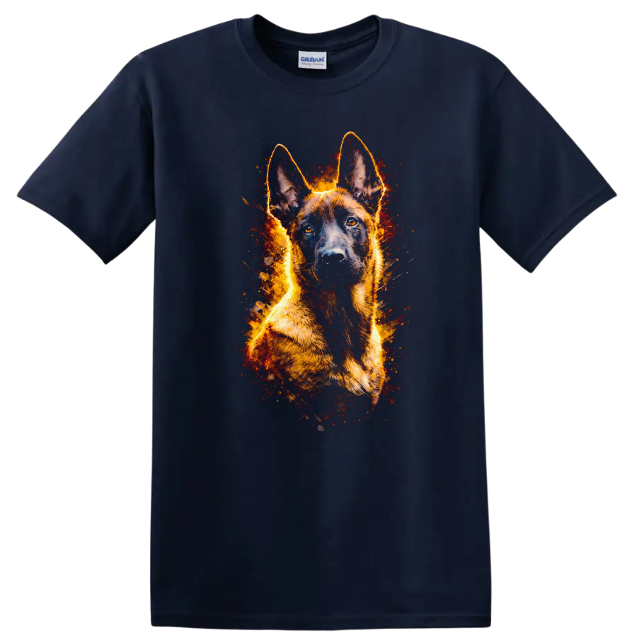 German Shepherd Fire Glow T Shirt for Dog Lovers and Owners on a Navy (Blue) T Shirt