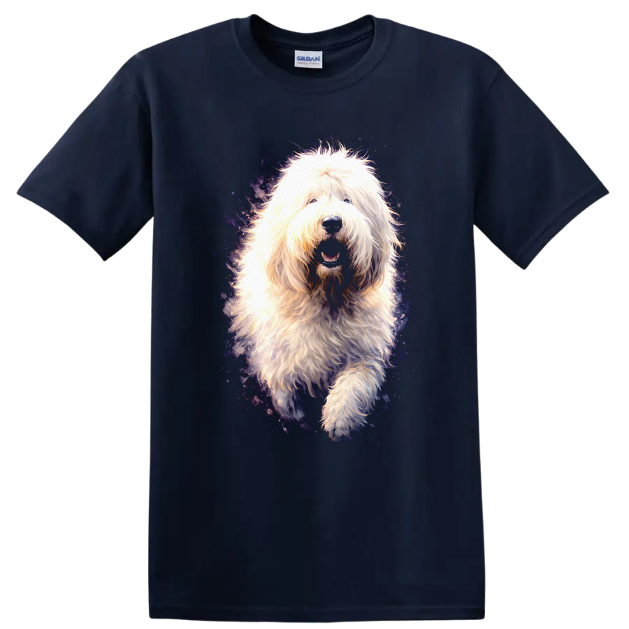 Fluffy Old English Sheepdog Dog Portrait T Shirt, Cosmic Neon Style on a Navy (Blue) T Shirt