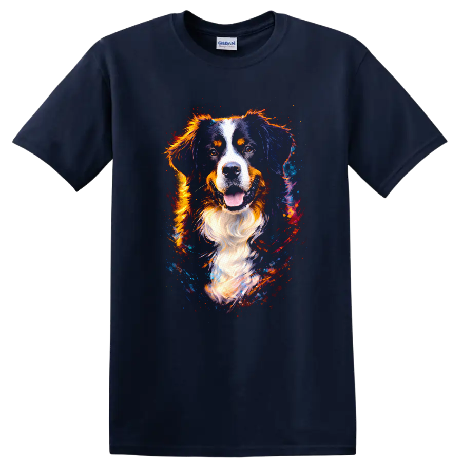 Colorful Bernese Mountain Dog Portrait T Shirt for Dog Lovers on a Navy (Blue) T Shirt