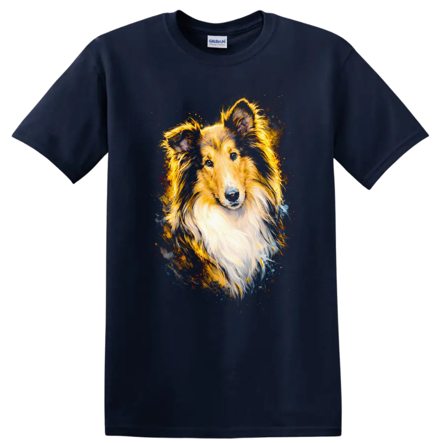 Shetland Sheepdog Color Splash Portrait T Shirt for Dog Lovers on a Navy (Blue) T Shirt