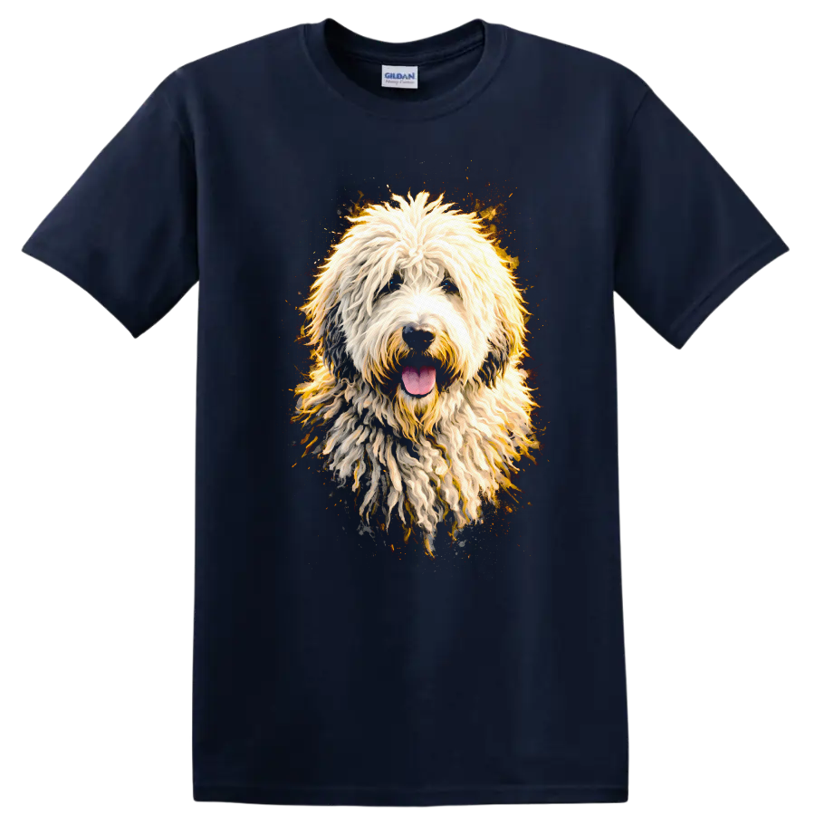 Colorful Shaggy Dog Portrait T Shirt for Dog Lovers and Pet Fans on a Navy (Blue) T Shirt