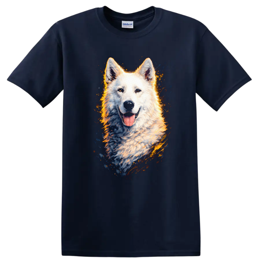 White Dog Portrait Splash Art T Shirt for Dog Lovers on a Navy (Blue) T Shirt
