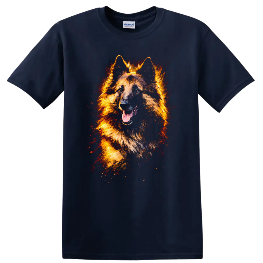 German Shepherd Dog Art T Shirt Fiery Color Splash Pet Lover Tee on a Navy (Blue) T Shirt
