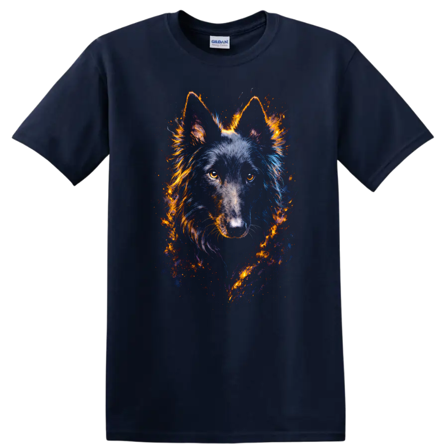 Fiery Wolf Portrait Neon Style Dog Lover T Shirt on a Navy (Blue) T Shirt
