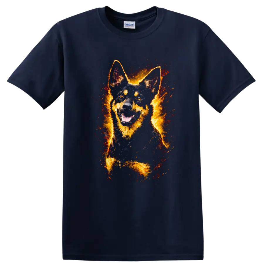 German Shepherd Fire Burst Portrait T Shirt for Dog Lovers on a Navy (Blue) T Shirt
