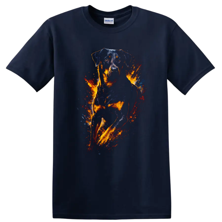 Rottweiler Fire Splash Art T Shirt Bold Dog Breed Graphic Tee on a Navy (Blue) T Shirt