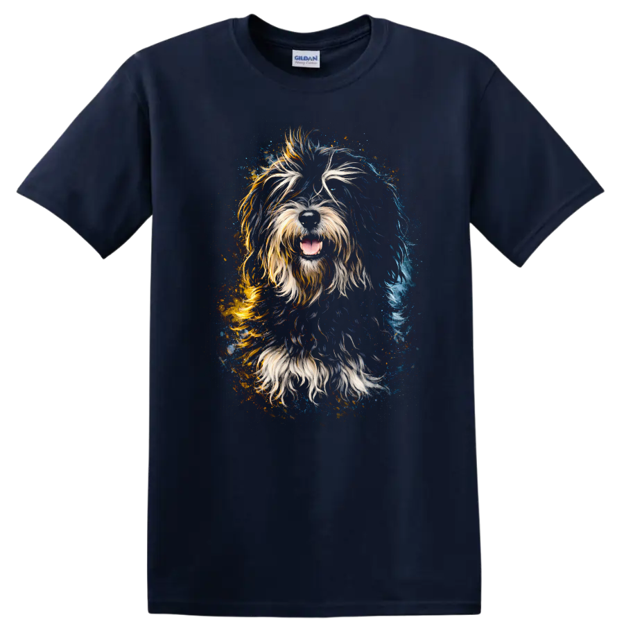 Colorful Shaggy Dog Portrait T Shirt Vibrant Splash Art for Dog Lovers on a Navy (Blue) T Shirt