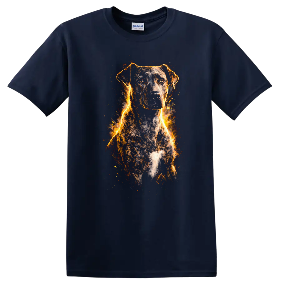 Fiery Dog Portrait T Shirt, Flame Outline Pet Lover Graphic Tee on a Navy (Blue) T Shirt