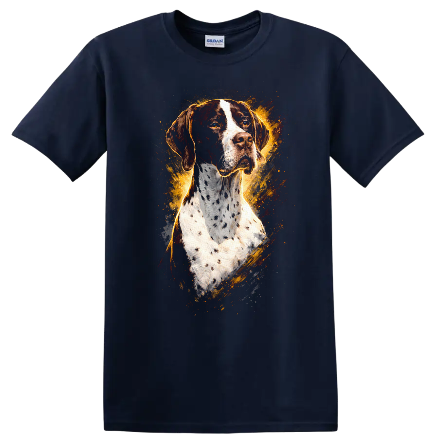 German Shorthaired Pointer Dog Portrait T Shirt Vintage Splash Art on a Navy (Blue) T Shirt