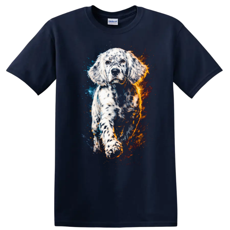 English Setter Watercolor Dog Portrait T Shirt Blue and Orange Splash - Navy (Blue)