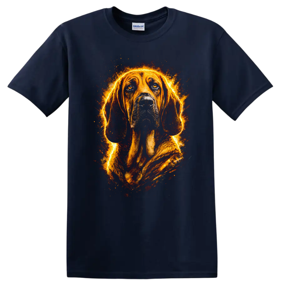 Basset Hound Glowing Fire Portrait T Shirt for Dog Lovers on a Navy (Blue) T Shirt