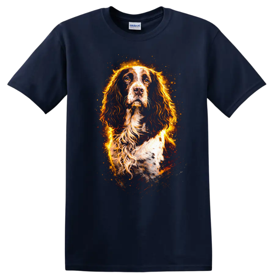 Flaming English Springer Spaniel Portrait T Shirt for Dog Lovers - Navy (Blue)