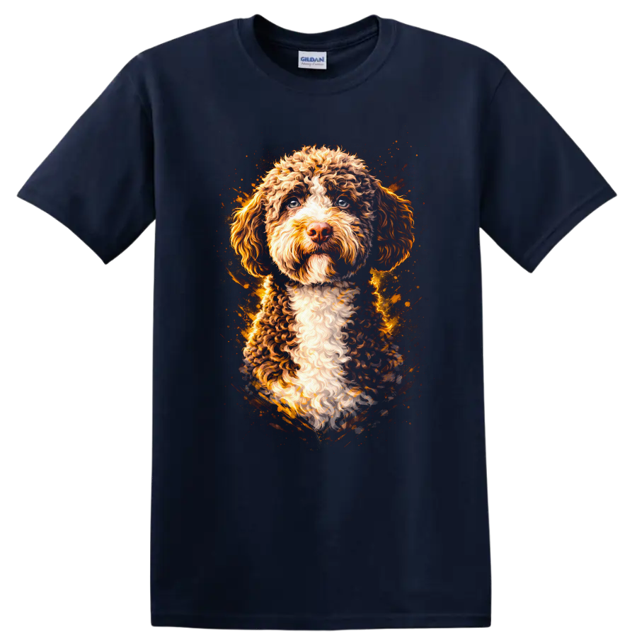 Curly Cockapoo Dog Portrait T Shirt Colorful Artistic Pet Lover Tee on a Navy (Blue) T Shirt