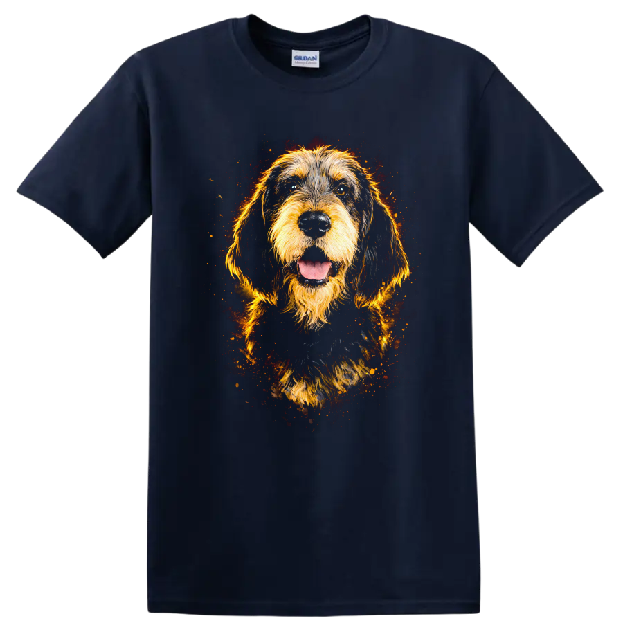 Golden Doodle Dog Portrait Fire Spark T Shirt on a Navy (Blue) T Shirt