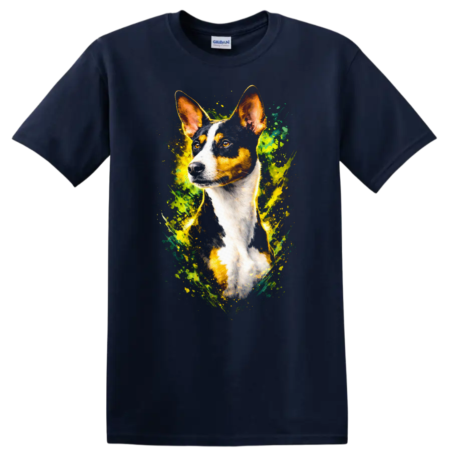Colorful Basenji Dog Portrait Splash Art T Shirt for Dog Lovers on a Navy (Blue) T Shirt