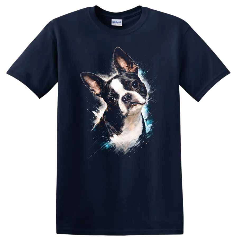 French Bulldog Splash Art T Shirt Colorful Dog Portrait Graphic on a Navy (Blue) T Shirt