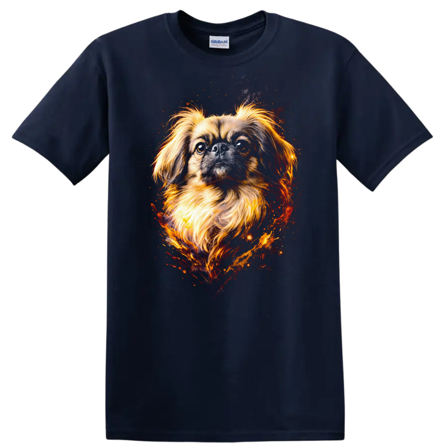 Fiery Pekingese Dog Portrait T Shirt Vibrant Watercolor Pet Lover on a Navy (Blue) T Shirt