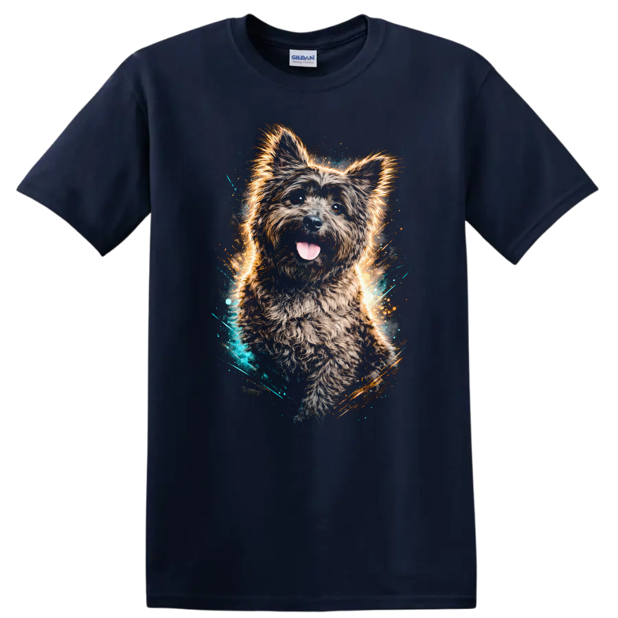 Fluffy Yorkie Dog Portrait Graphic T Shirt Colorful Neon Splash on a Navy (Blue) T Shirt