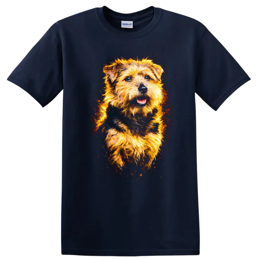 Glowing Terrier Dog Portrait T Shirt Vibrant Fire Art for Dog Lovers on a Navy (Blue) T Shirt