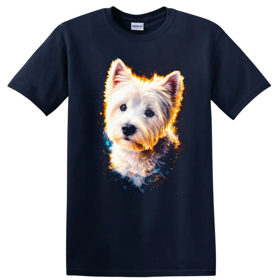 White West Highland Terrier Glow Portrait T Shirt for Dog Lovers on a Navy (Blue) T Shirt