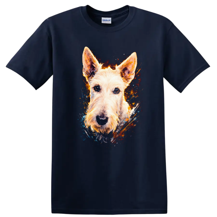 Colorful Terrier Dog Portrait Art T Shirt for Dog Lovers on a Navy (Blue) T Shirt