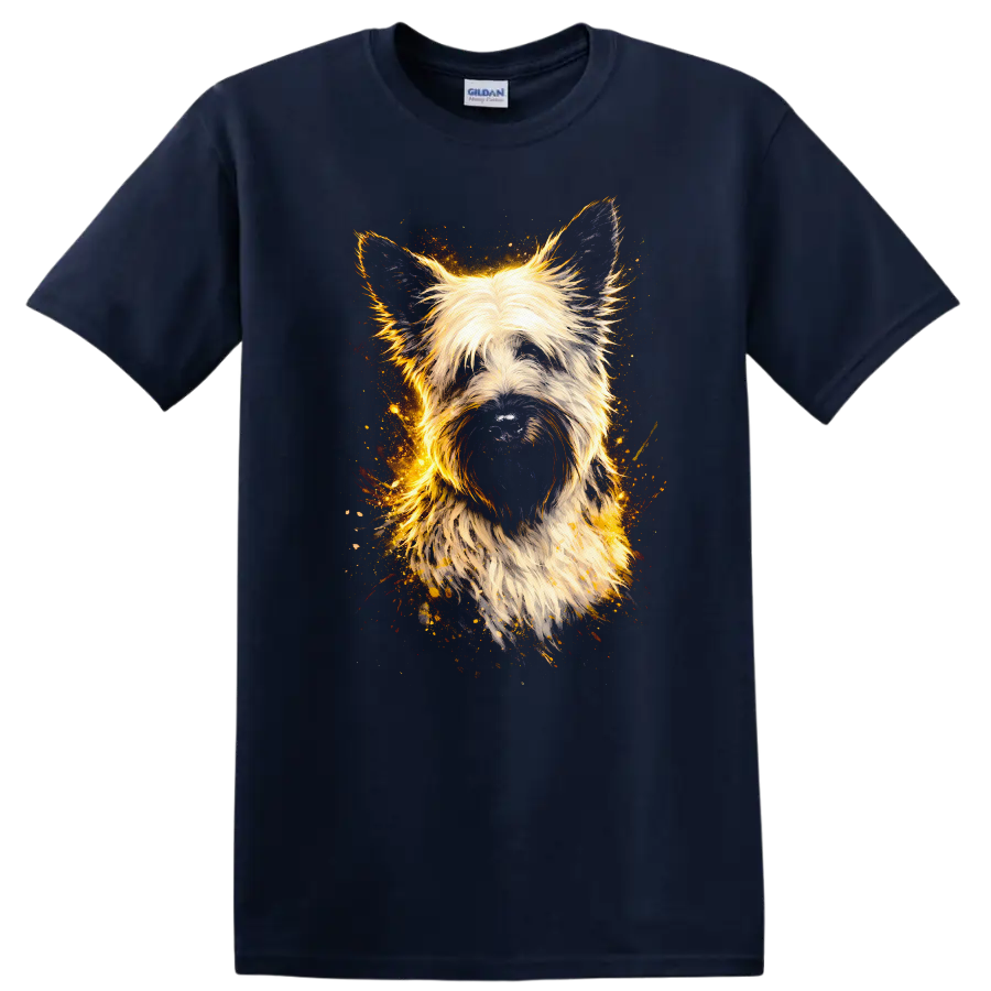 Fluffy Terrier Dog Portrait Artistic Fire Glow T Shirt on a Navy (Blue) T Shirt