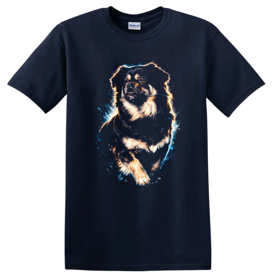 Fluffy Dog Art T Shirt, Vibrant Splash Portrait for Dog Lovers on a Navy (Blue) T Shirt
