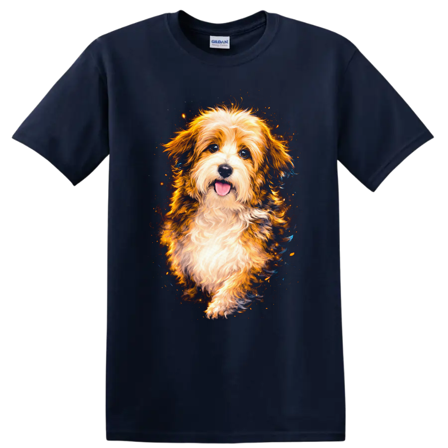 Fluffy Dog Portrait T Shirt Bright Colorful Pet Lover Graphic on a Navy (Blue) T Shirt