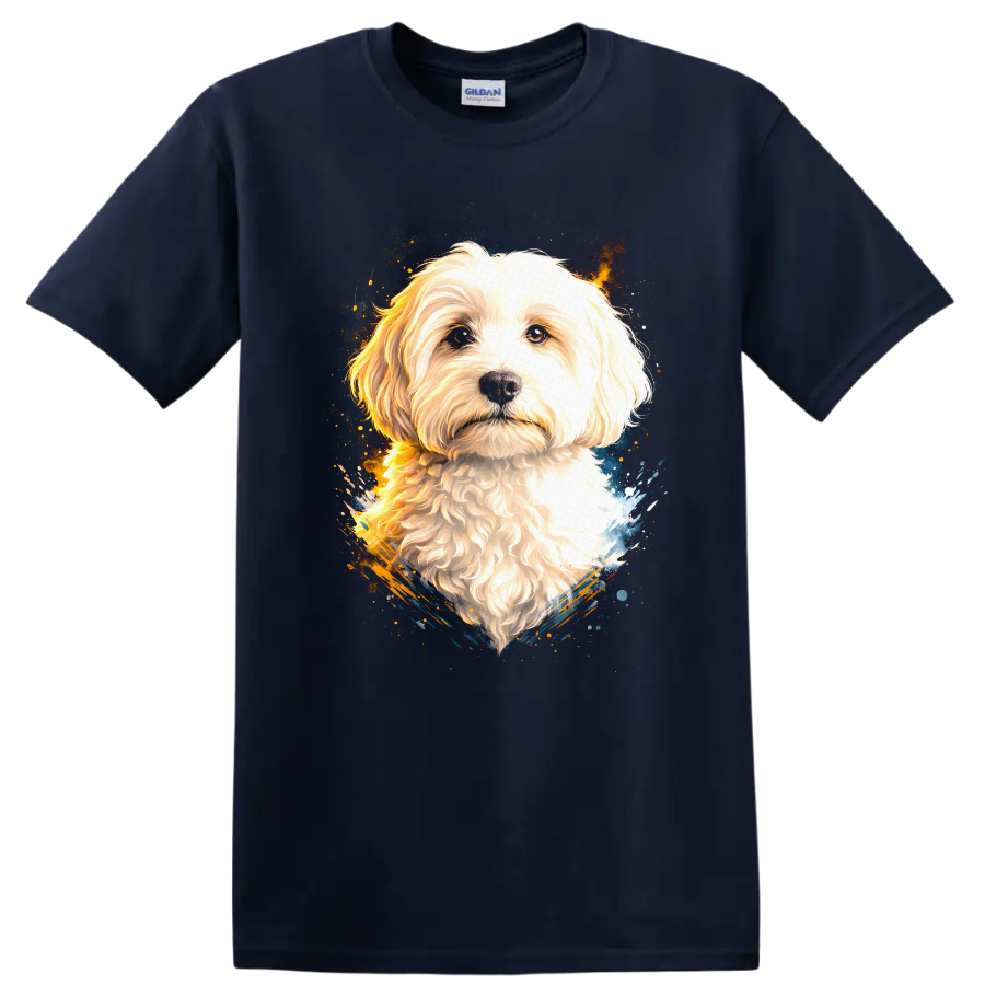 Fluffy White Dog Portrait Watercolor Splash T Shirt for Dog Lovers on a Navy (Blue) T Shirt