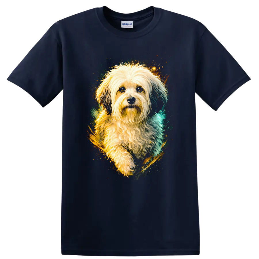Fluffy Dog Portrait Art T Shirt for Dog Lovers Colorful Pet Graphic on a Navy (Blue) T Shirt
