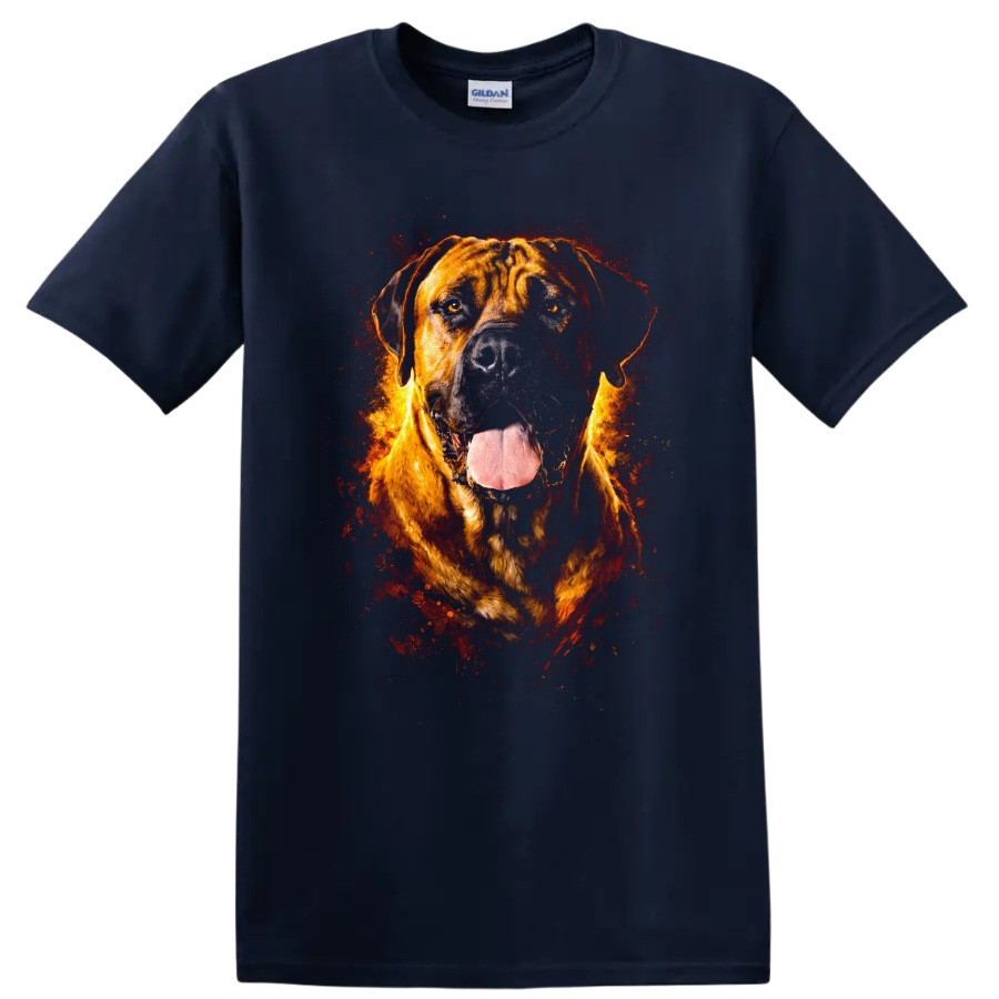 Fiery Mastiff Dog Portrait T Shirt for Dog Lovers on a Navy (Blue) T Shirt