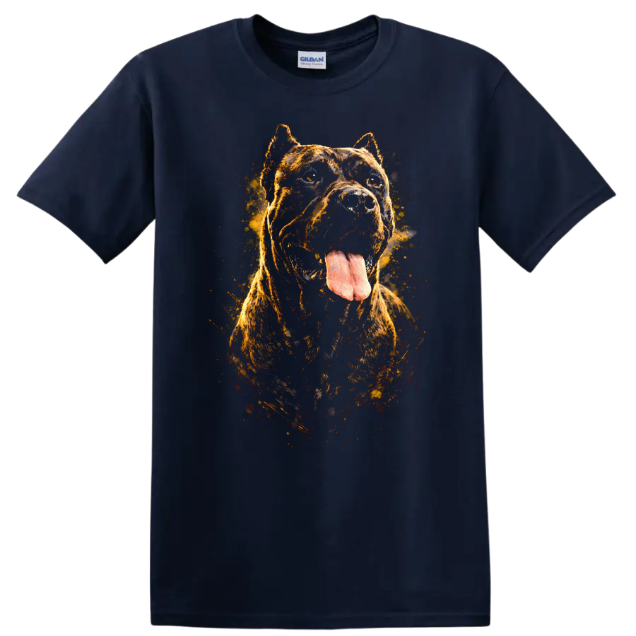 Cane Corso Dog Portrait T Shirt Fierce Brindle Splash Art on a Navy (Blue) T Shirt