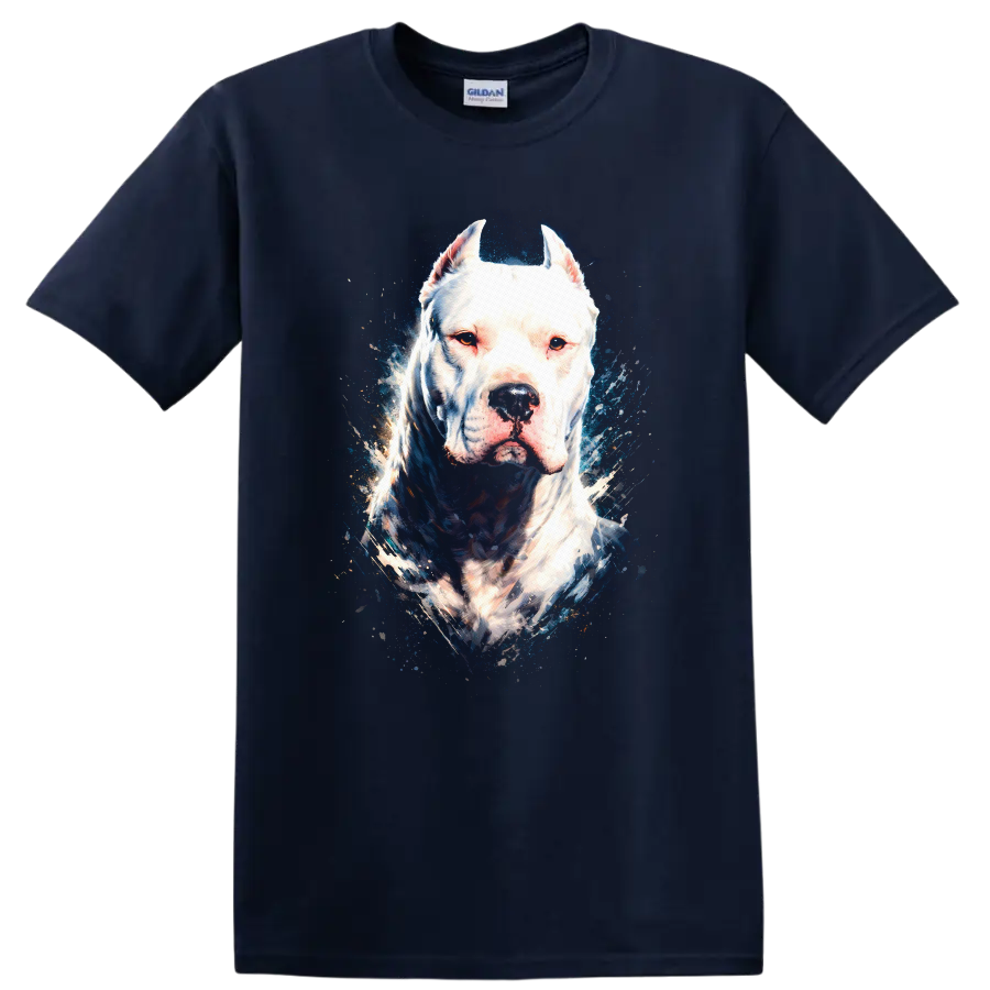 Blue Eyed White Pitbull Dog Portrait T Shirt for Dog Lovers on a Navy (Blue) T Shirt