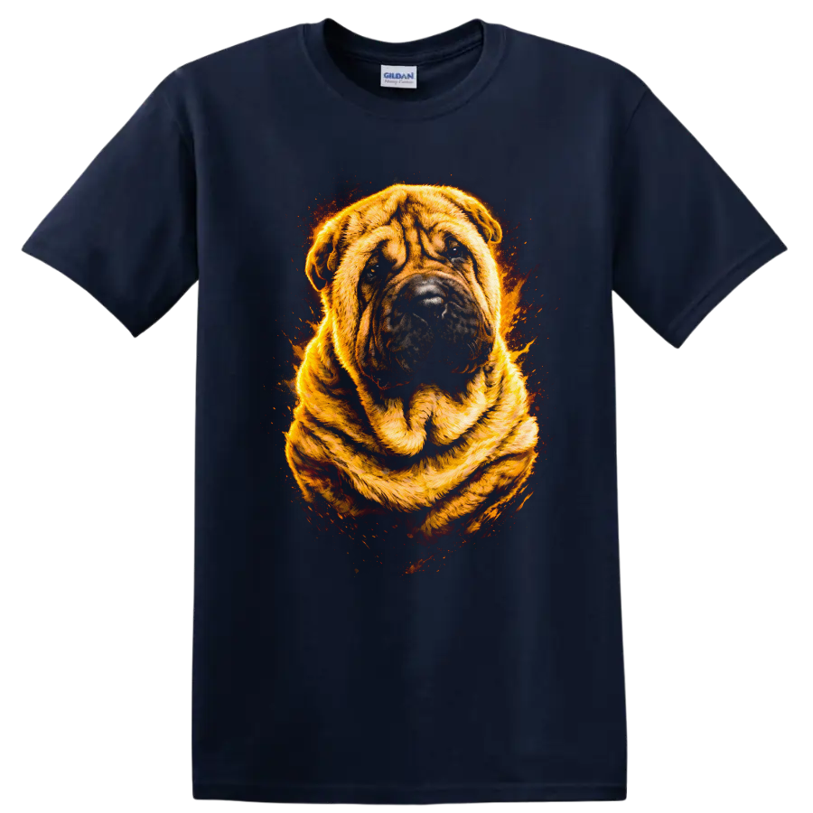Flaming Bulldog Portrait T Shirt Fierce Dog Breed Art Graphic on a Navy (Blue) T Shirt